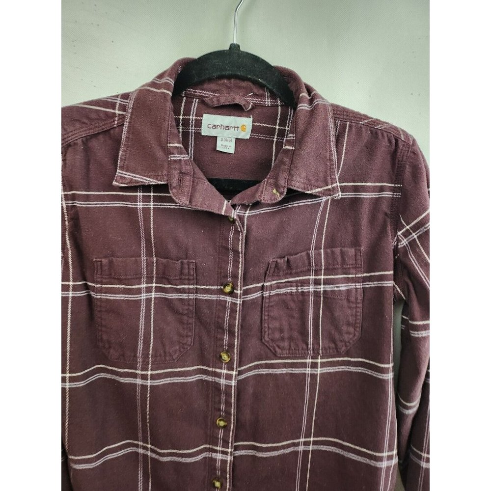 Carhartt Burgundy Check Long Sleeve Button Up Flannel Shirt Size Small - Picture 2 of 7